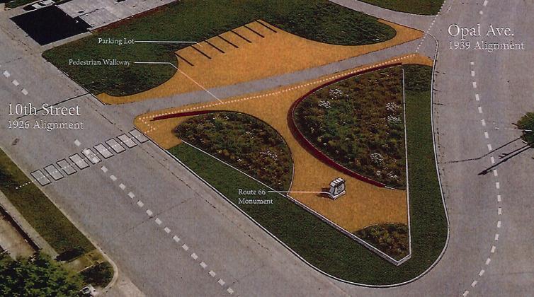 The image above depicts an artist’s rendering of the proposed new location of a Rt. 66 monument at the “The Triangle” located where 10th Street and Opal Avenue converge. Below is a photo of what the present-day location looks like. CDN | Courtesy photo