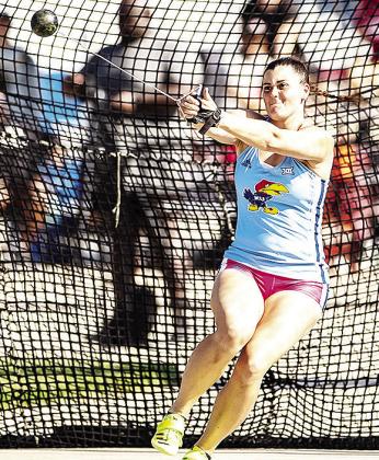 Former Clinton track and field star Kat Meacham performs in the hammer throw event last year for the Kansas Jayhawks. CDN | Courtesy photo