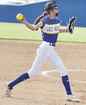 Arapaho-Butler’s Piper Sawatzky throws the ball to first for the out during the Lady Indians’ home game Monday against Hydro-Eakly. CDN | Sam Goodwyn