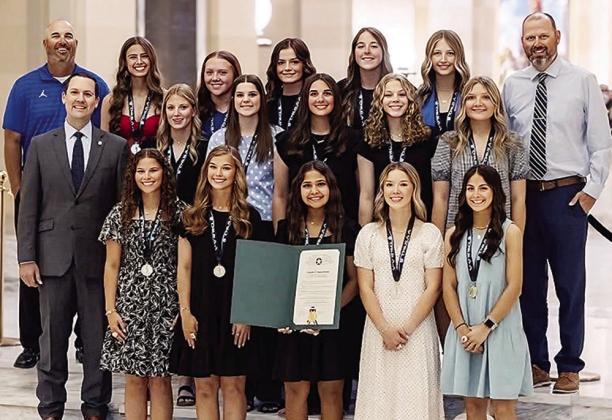 The Arapaho-Butler fast-pitch softball team was celebrated at the Oklahoma State Capitol Tuesday after winning the state championship this past fall. Pictured, from left, in front are Izzie Dewees, Kylin Oakes, Adrian Randle, Reagan Schoeppach, Madi Lockh