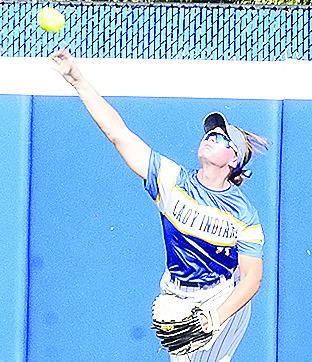A-B’s Peyton Lambeth gets the ball in from the outfield wall in a hurry during the Lady Indians’ win over Caddo. CDN | Sam Goodwyn