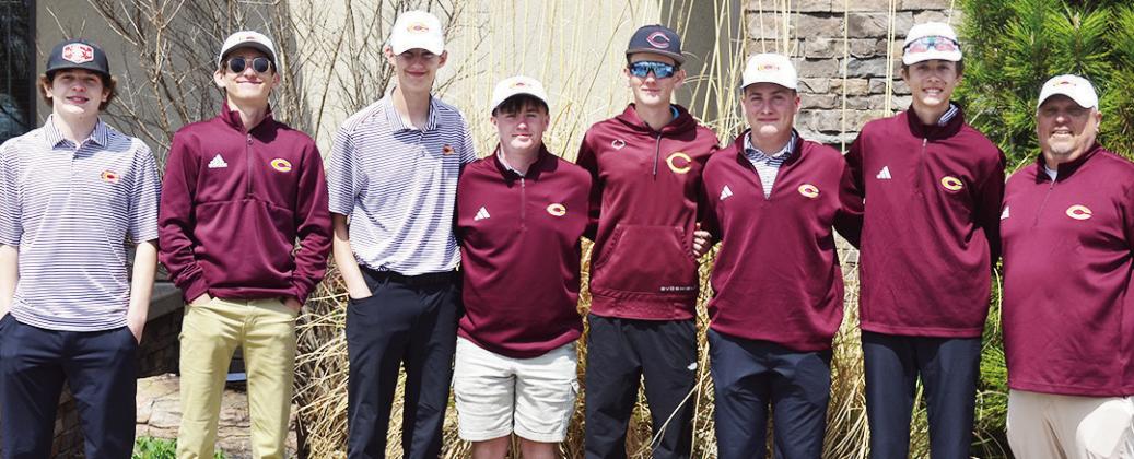 Clinton’s boys’ golf team is all smiles after completing the conference tournament at Prairie West Golf Course in Weatherford. Pictured from left are Sy Foster, Snider Dowdell, Landyn Kunsman, Rayden Walker, Jeter King, Caber Johnson, Conner Meget and