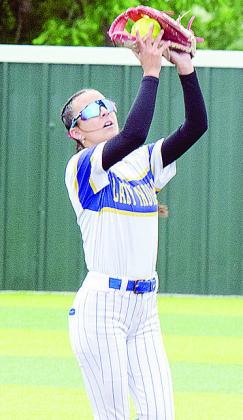 Maddi Lockhart reaches up to record the out during A-B’s win over Caddo to secure the Slow-Pitch State Championship. CDN | Sam Goodwyn