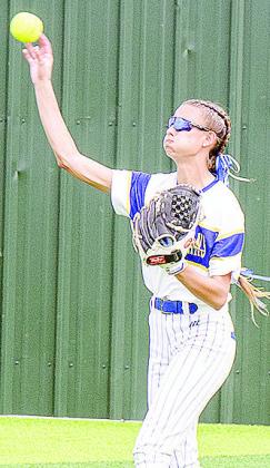 Recent A-B grad PiperRilee Sawatzky throws the ball in from the outfield during the Lady Indians’ win over Caddo. CDN | Sam Goodwyn