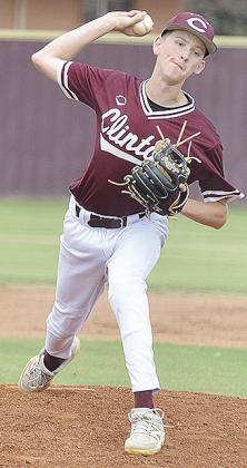 Clinton’s Jeter King hurls a heater during the Reds’ home summer baseball game against Kingfisher. CDN | Sam Goodwyn