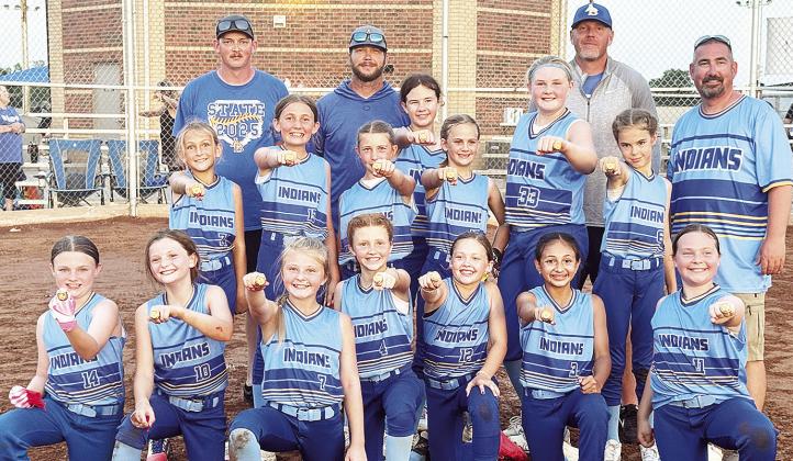 The Arapaho-Butler Lady Indians’ 10U softball team shows off its championship rings after finishing with a 13-1 record. Pictured in front, from left, are Bailyn Rogers, Kenna Rhodes, Olivia Lee, Emma Dupree, Emma Townsley, Sofia De La Torre, Whitlee Wal
