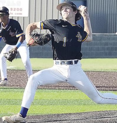 A-B’s No. 1 Rylan Moore pitches during the Indians’ Class A State Baseball game against the Navajo Indians Thursday in Shawnee. CDN | Sam Goodwyn