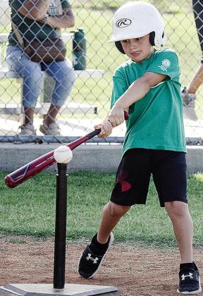 Sevy Acosta puts all of his strength behind his swing as he tries to send the ball flying during his Noon Lion’s Club TBall game. CDN |Sam Goodwyn