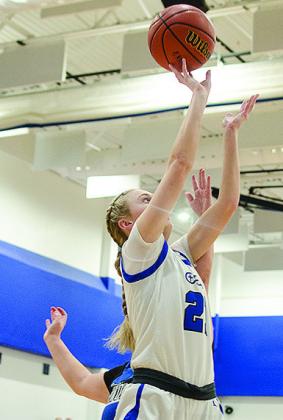 Corn Bible Academy’s Gretta Geisler goes up for the jump shot during the Lady Crusaders’ home win over Olustee-Eldorado. CDN | Sam Goodwyn