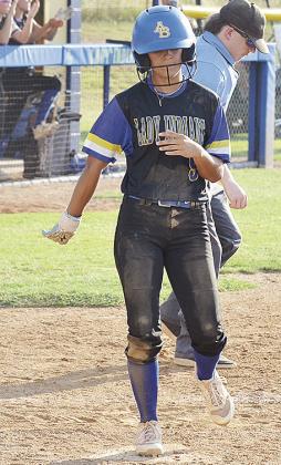 Madi Lockhart crosses home plate for a run in A-B’s win at home against the Merritt Lady Oilers. CDN | Sam Goodwyn