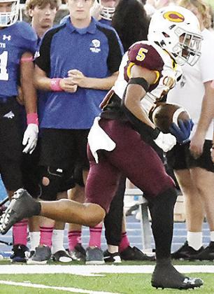 No. 5 Jesus Gutierrez speeds down the Bridge Creek sideline during Clinton’s road win over the Bobcats. CDN |John Kinsey