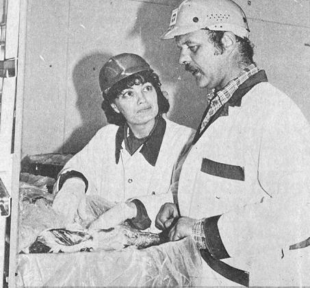 40 YEARS AGO As the meat arrives at the plant, every 2,000-pound container full of the beef, chicken or pork that eventually became Bar-S sausage was inspected. At right, quality assurance inspector Terry Schiele and pre-blend sanitation supervisor Bill W