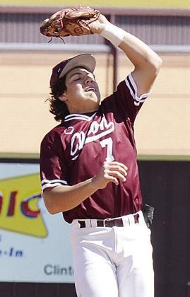 No. 7 Easten Powell catches the fly ball during Clinton’s contest Monday against Bishop McGuiness. CDN | Sam Goodwyn