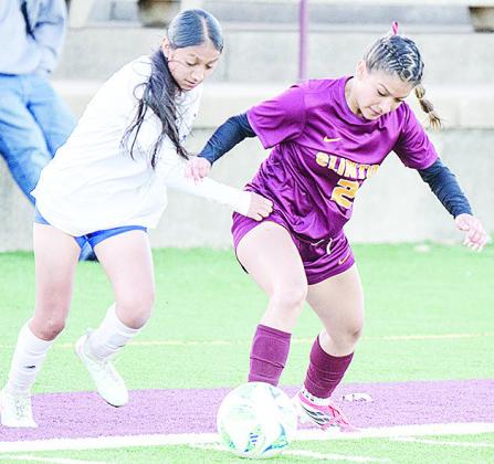 No. 2 Sammy Meraz, right, fights off the Southeast defender during Clinton’s home game against the Lady Spartans. CDN | Sam Goodwyn