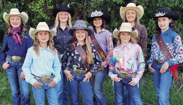 Clinton 2026 Rodeo Royalty candidates are front, from left, Emma Shannon; 2025 Sweetheart Emma Townsley; and Emma McIntosh; back, Brinkley Miller; Chloe Morris; 2025 Queen Tailee Finnell; Ally Townsley; and 2025 Princess Victoria Weil. CDN | Courtesy photo
