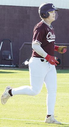 Clinton’s Trason Lustfield heads to first base Friday during the summer home edition of the “Custer County Conflict.” CDN | Sam Goodwyn