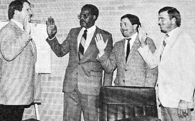 40 YEARS AGO Taking the oath of office, as administered by City Attorney Randy Meacham, were, from left Ward 4 Coucilman Carl McElroy, Mayor Pat Cornell, and Ward 2 Coucilman Don Rodolph. McElroy became Clinton’s first Black councilman in the ceremony.