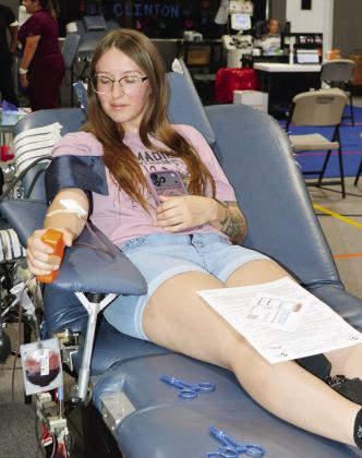 Kyiamarie Trent is giving her donation of blood to the Clinton Community Blood Drive Tuesday at the First Christian Church’s Family Life Center. CDN | Christian Jacobsen