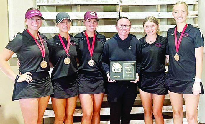 The Clinton Lady Reds golf team finished first in the Western Conference Tournament in Weatherford. Pictured, from left, are Paige Pugh, Addison Newcomb, Grace Meacham, Coach Tasha Marshall, Rylee Cummins and Addyson Littke. CDN | Courtesy photo