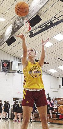 Paisley Ruyle rises to shoot the ball during warmups of a camp game in Broken Bow. CDN | Courtesy photo