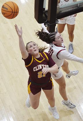 Clinton’s Rylee Rodebush lays the ball up during the Lady Reds’ road game Monday night against Weatherford. CDN | Sam Goodwyn