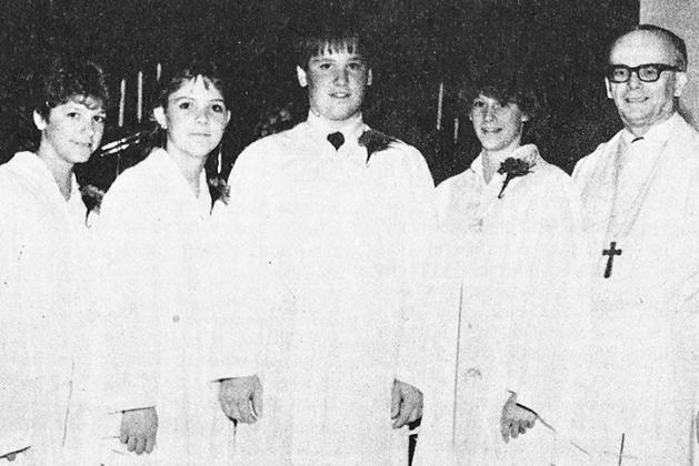 40 YEARS AGO Those confirmed during a special Service of Affirmation of Baptism at Trinity Lutheran Church are shown with Pastor Hugo Schwartz. Pictured were from left, Tina Rose, Jessica Christensen, Todd Stehr, Christine Klemke and Pastor Schwartz.