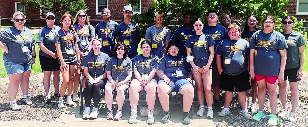 The Special Olympics team for Clinton came together for a team photo during the Summer Special Olympics State Games in Stillwater. Pictured in front, from left, are Bella Bridgeman, Lily Adkinson, Jade Hall, Olivia Campbell, Winter Lee, Tatum Shackelford, SJ Adkinson and Sophia Williams; back, Coaches Amanda Campbell and Lisa Ray, Rhylee Rodebush, Malique Guy, Scout Acosta, Sutton Hernandez, Bryson Miles, Kenneth Williams, Coach Julie Adkinson, Sawyer Acosta and Coach Sumner Hernandez. CDN |Courtesy Photo
