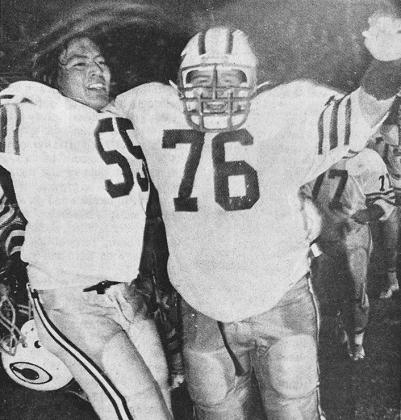 40 YEARS AGO Celebrating in the rain following Friday night’s big win by the Clinton Red Tornadoes were Bill Weaselbear, left, and David Bryan. The two linemen played important roles in Clinton’s 21-20, comefrom- behind victory over Class 5A Altus.