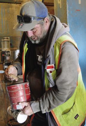 CDN | Christian Jacobsen Tommy Wise, experienced co-op hand, inspects a sample of wheat to check for quality and holes before being moved to the mill for processing at the Farmers Cooperative of Western Oklahoma.