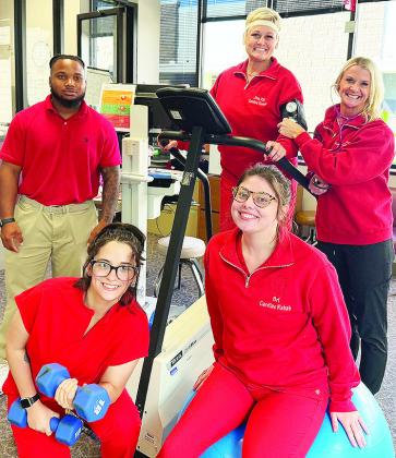 Front from left, Janie Arnett, Brianna Bowers; back, Daylan Thompson, Jina Kilpatrick, and Andrea Hammer smile while testing out equipment in the Cardiac Rehab Center at the hospital. CDN | Shiann Dawson