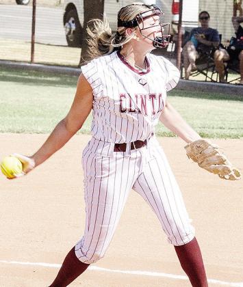 Clinton’s Hadley Meget hurls a pitch during the Lady Reds’ home win Thursday over Elk City. CDN | Sam Goodwyn