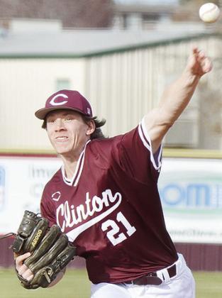 Clinton’s Ayden Crumley pitches the ball during the Reds’ home double header against Leedey this year. CDN | Sam Goodwyn