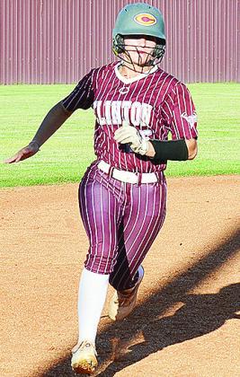 Clinton’s Reese Giblet hustles to third during the Lady Reds’ come-from-behind win over Bishop McGuiness at home Tuesday. CDN | Sam Goodwyn