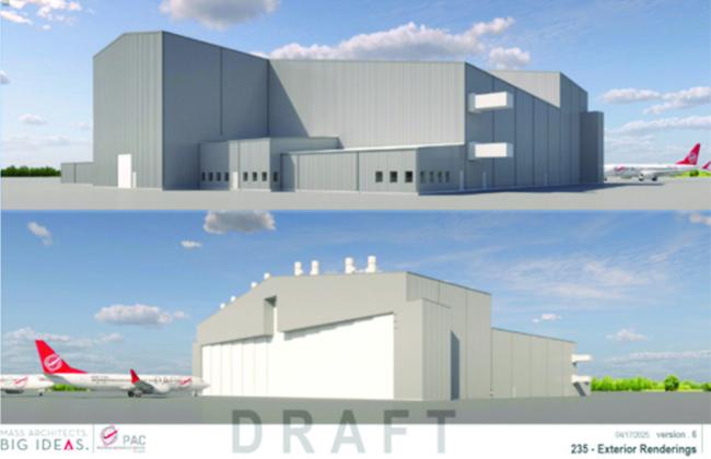 An architect’s rendering of the 130,000-plus square foot hangar slated to be added at the Oklahoma Air and Space Port in Burns Flat. CDN | Courtesy photo
