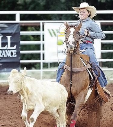 Rebekah Davis ropes a calf during last year’s Clinton Rodeo at the Clinton Round-Up Club Arena. CDN | Sam Goodwyn
