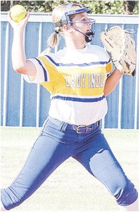 Arapaho-Butler’s Grace Lumpkin hurls the ball to first for the out during the Lady Indians’ junior high softball game against Binger-Oney. CDN |Sam Goodwyn