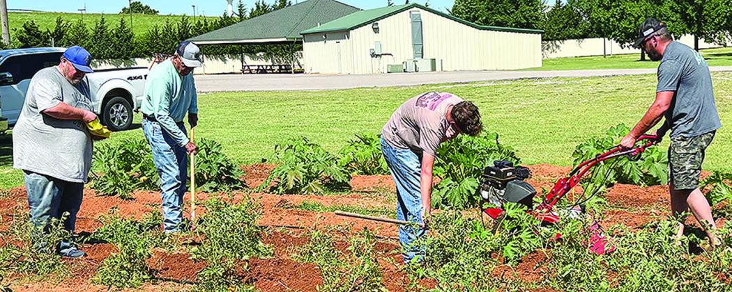 From left, Pastor Jerrod Nunn, Sam Shelton, Ethan Richardson, and Eric Shelton help to tend to Cornerstone Church’s community garden. CDN | Courtesy photo