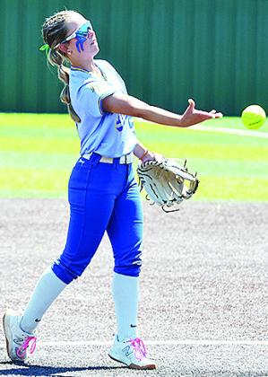 A-B’s Reagan Schoeppach pitches the ball during the Lady Indians’ first-round matchup in the Class 3A State Tournament against Dewar Monday at FireLake Ball Fields in Shawnee. CDN | Sam Goodwyn