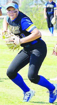 No. 13 Lauryn McHenry prepares to fire the ball back during warm-ups prior to the Class A State Semifinal softball game against Caddo. CDN | Sam Goodwyn