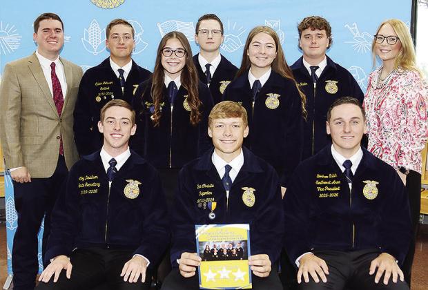 Front from left, Oklahoma FFA State Secretary Coy Davidson, Clinton FFA President Ben Christie, FFA Southwest Area Vice President Bonham Eslick; middle, Clinton FFA Vice President Madison Ashcraft, Clinton FFA Reporter Callie Griffith; back, Clinton Ag Te