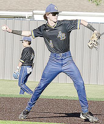 No. 4 Grant Serfoss throws the ball to first for the out during A-B’s game against Wright City Thursday at Shawnee High School. CDN | Sam Goodwyn