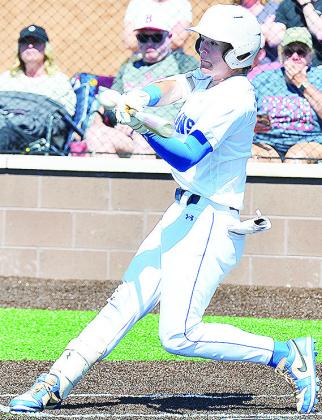Arapaho-Butler’s Rylan Moore sends the ball deep during the Indians’ Class A Regional Tournament win Saturday in Thomas against Barnsdall to clinch a spot in the state tournament. CDN | Sam Goodwyn