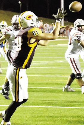 No. 81 Ben Daugherty catches the ball from quarterback Easten Powell for the game-winning two-point conversion Friday against Weatherford in the Tornado Bowl. CDN | John Kinsey