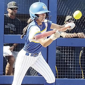 Arapaho-Butler’s Madi Lockhart bunts during the Class A Fast Pitch State Championship against Caddo at Devon Park in Oklahoma City. CDN | Sam Goodwyn