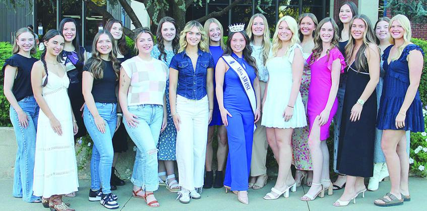 Southwestern Oklahoma State University Miss SWOSU 2026 Scholarship Pageant contestants include, front from left, Dakota Duke, Sierra Stephens, Mackenzie Brown, Kristen Range, Miss SWOSU 2025 Mia Macias, Avari Brown, Selah Bentley, Andrea Stalder, Jocelyn 