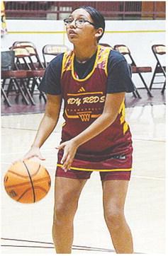 Clinton’s AJ Spottedwolf practices her free throws during a recent Lady Reds’ basketball practice in the Tornado Dome. CDN |Sam Goodwyn