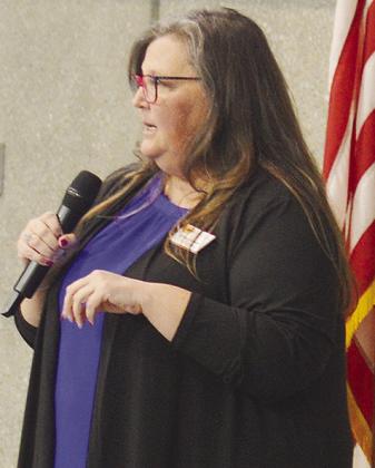 Clinton High School Jobs for America’s Graduates (JAG) Specialist Melissa Woods gives a presentation on the program to members of the Clinton Chamber of Commerce, during its membership luncheon Wednesday afternoon at the Frisco Center. CDN | Micah Ashcr