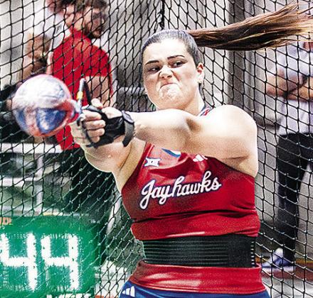 Former Clinton Lady Red Thrower Kat Meacham participates in the hammer throw event for the University of Kansas track and field team this season. CDN | Courtesy photo