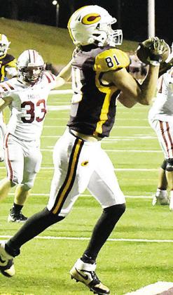 Clinton’s Ben Daugherty pulls in the ball for the game-winning two-point conversion to beat Weatherford 22-21 at home. CDN |John Kinsey