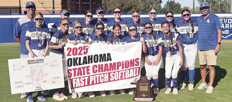 The Arapaho-Butler fast pitch softball team is all smiles after winning the Class A State Championship Saturday at Devon Park in Oklahoma City after defeating Caddo 5-3. Pictured in front, from left, are Pressley Littke, Kylin Oakes, Lyla Pruitt, Madalin